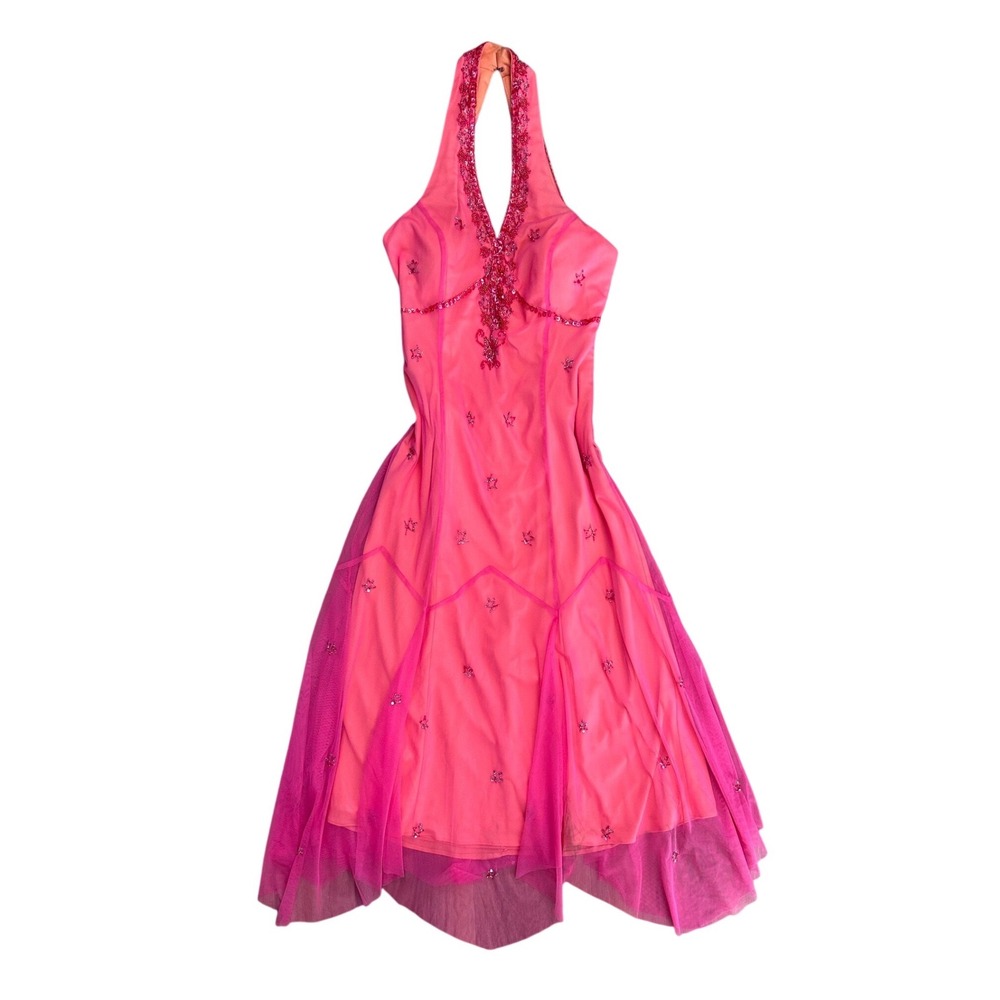 Vintage Niki Livas Beaded Evening Gown Pink Orange Halter Open Back  12